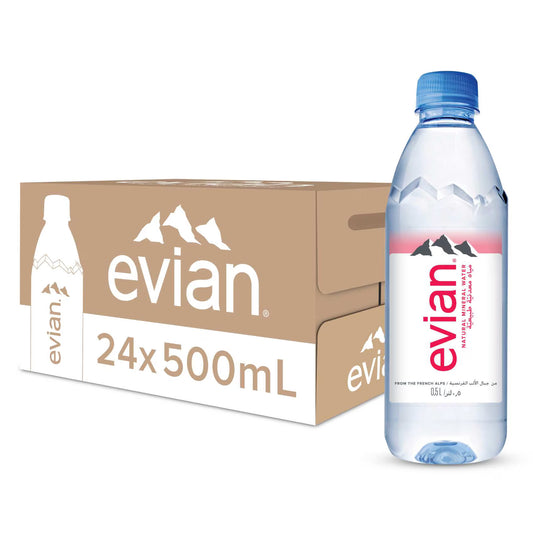 Evian Natural Mineral Water 500ml | Pack of 24 | Premium Bottled Water - Chompy