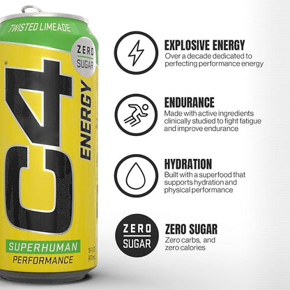 C4 Performance Energy Twisted Limeade 500ml (Zero Sugar) | Pack of 12 - Chompy