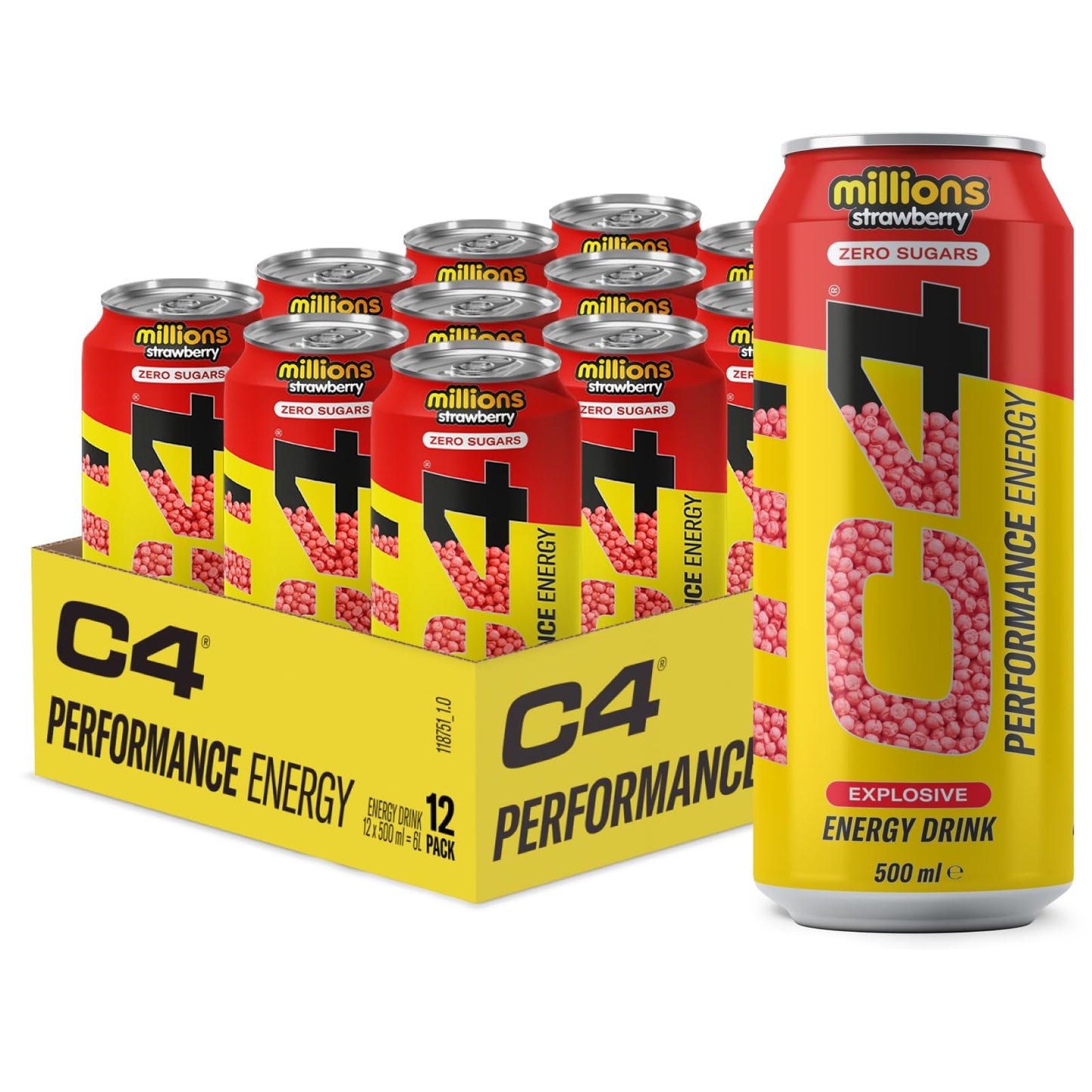 C4 Performance Energy Millions Strawberry 500ml | Pack of 12 | Zero Sugar - Chompy