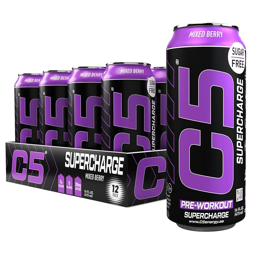 C5 Supercharge Pre-Workout Energy Drink Naked Berry 500ml | Pack of 12 - Chompy