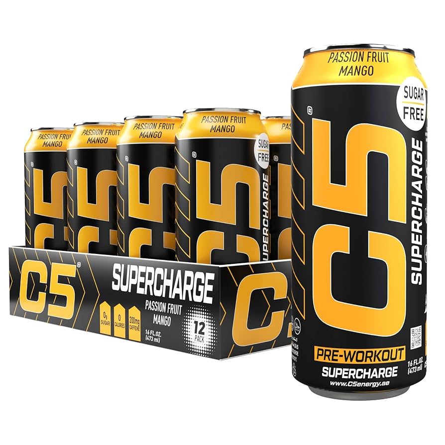 C5 Supercharge Pre-Workout Energy Drink Passion Fruit Mango 500ml | Pack of 12 - Chompy