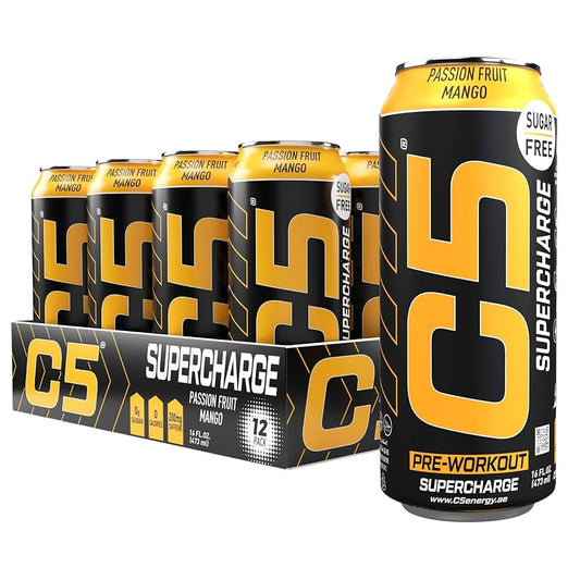 C5 Supercharge Pre-Workout Energy Drink Passion Fruit Mango 500ml | Pack of 12 - Chompy
