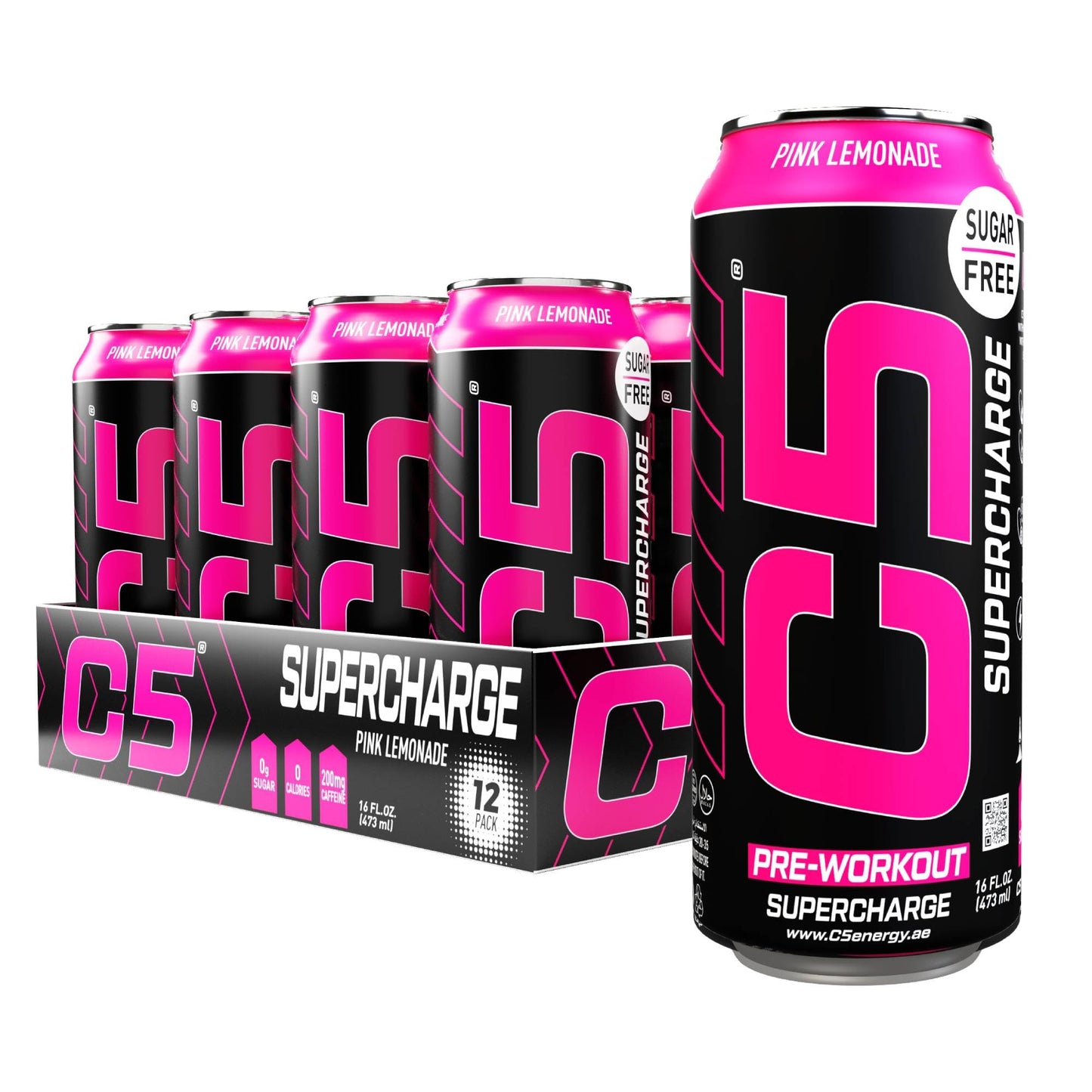 C5 Supercharge Pre-Workout Energy Drink Pink Lemonade 500ml | Pack of 12 - Chompy