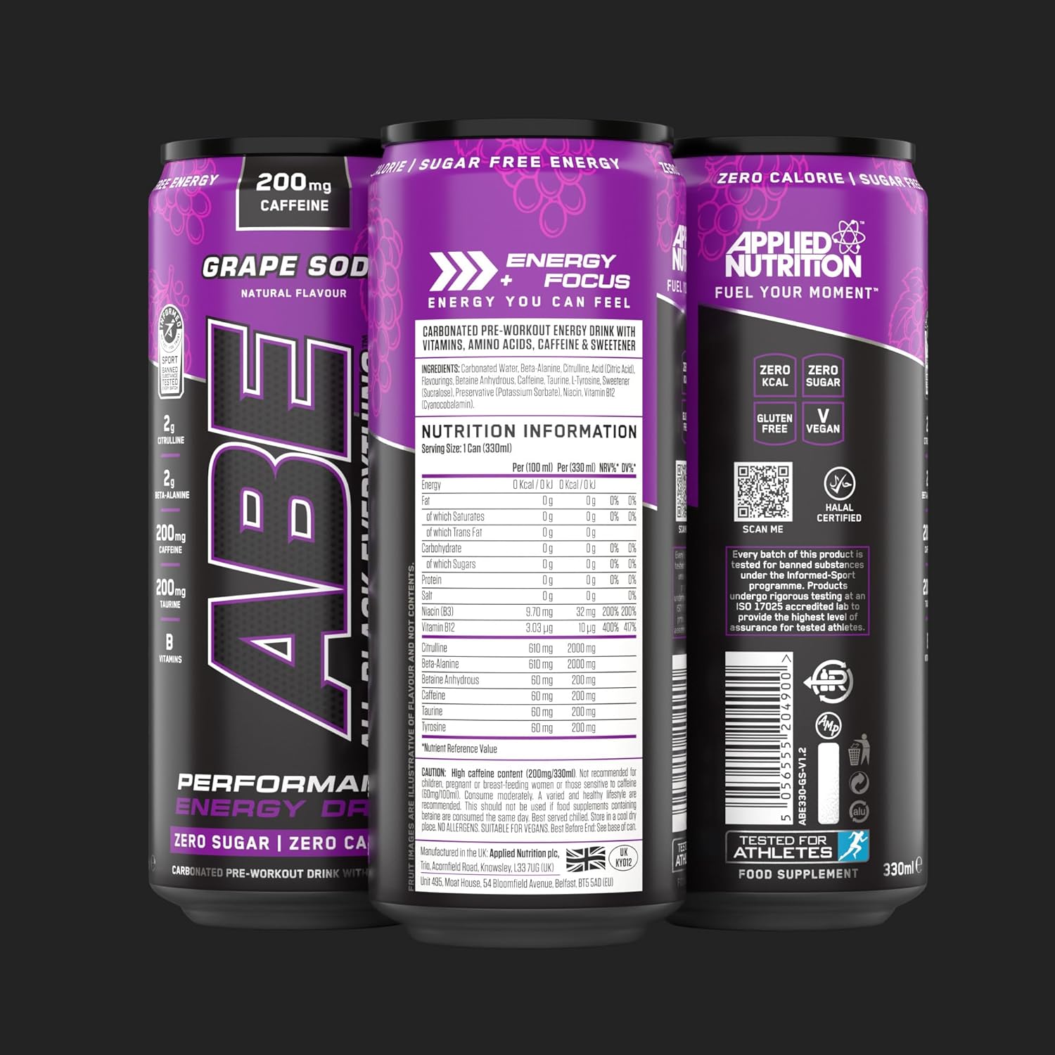 ABE Performance Energy Drink Grape Soda 330ml | Pack of 12 - Chompy